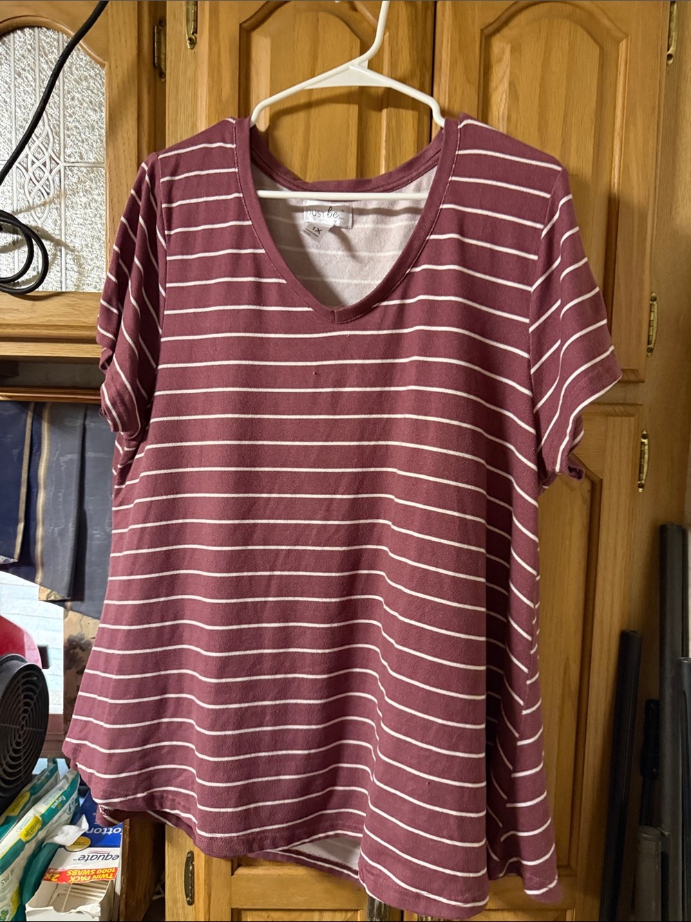 just be Mauve Striped V-Neck Short Sleeve Top